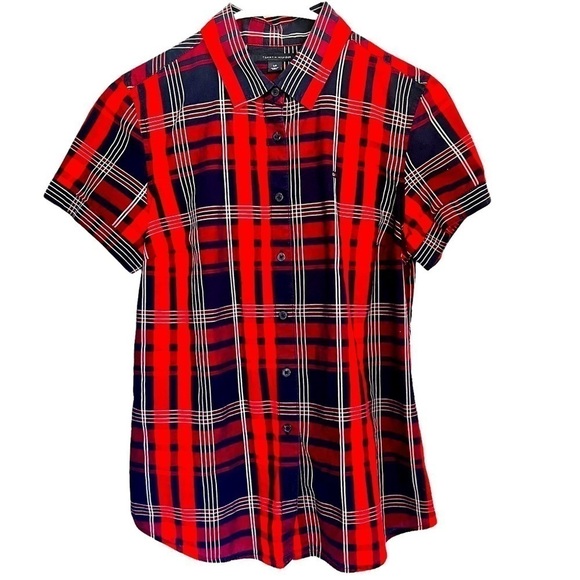 Tommy Hilfiger Plaid Button Up Collared Shirt Red and Navy Short Puffed Sleeve S - Picture 1 of 10